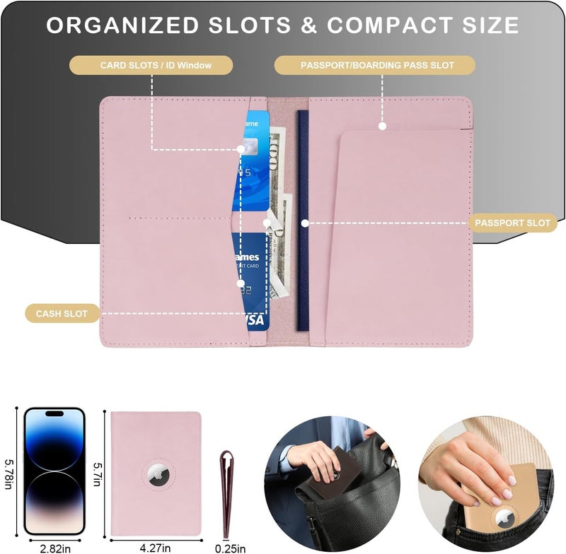 Kicoroiny Airtag Passport Holder for Women Men Travel, Real Leather Passport Wallet, Handmade Passport Cover Case with Airtag Slot, Travel Must Haves Essentials Accessories Birthday Gift(Crazy Horse,Light Pink) - Image 5
